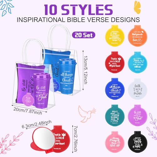 Patelai 80 Pcs 20 Sets Christian Gift Bulk for Women Scripture 16 oz Bible Verse Tumblers Makeup Bags Compact Mirrors Clear Gift Bags for Volunteer Ministry Religious Church Easter Party Favors