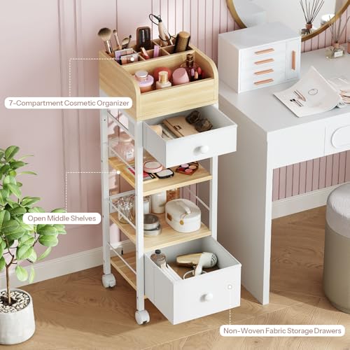 HOOBRO Makeup Organizer Cart with Fabric Drawers, Mobile Makeup Storage with Swivel Casters and Leveling Feet, Cosmetics Display Holder for Bathroom and Bedroom Vanity, White and Natural WN20TC04