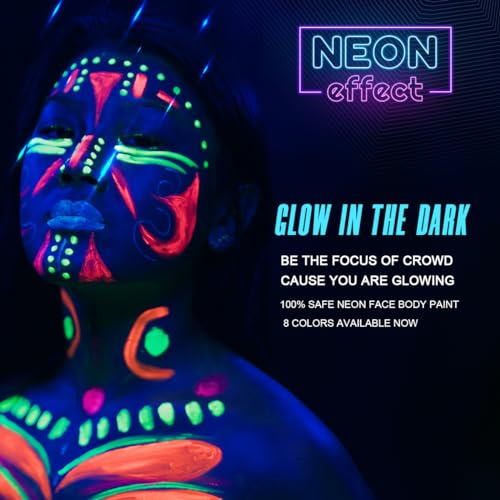 Bowitzki UV Neon Face and Body Paint 8 x 30ml /1 oz Liquid Large Kit Black Light Glow in the Dark Makeup Set Fluorescent Painting for Adults Music Festivals Party Halloween Christmas