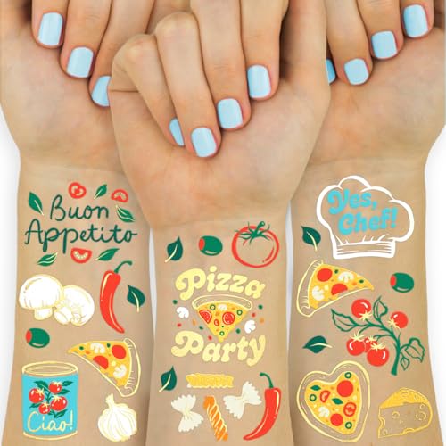 xo, Fetti Pizza Party Temporary Tattoos - 72 Gold Foil Pcs | Birthday Decorations, Cooking Class Accessory, Party Favor, Italian Activity