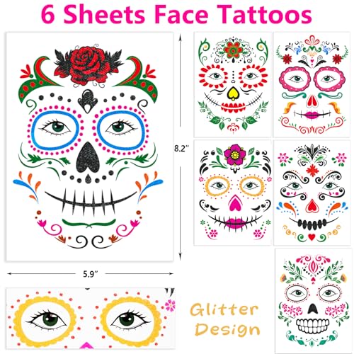 Ceiba Tree Day of Dead Glitter Tattoos 6 Sheets Halloween Temporary Sugar Skull Face Tattoos Floral Skeleton Full Face Mask Stickers for Women Adult Halloween Party Favor Supplies Decorations