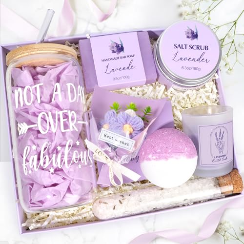 Spa Gift Baskets for Women, Lavender Relaxing Gifts, Bath and Body Gift Set, Self Care Kit, Whole Body, Natural, Exfoliating, Relaxing