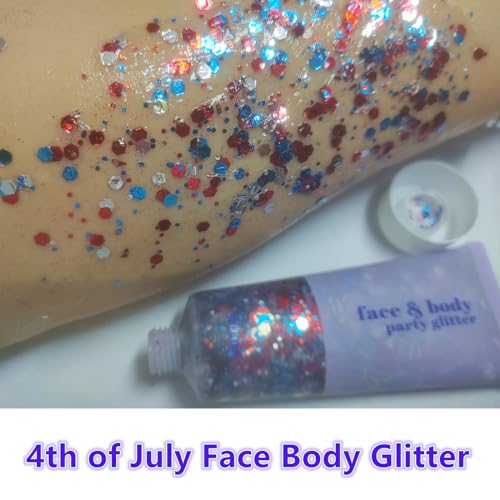 Go Ho 4th of July Outfits for Women,Red White and Blue Face Body Glitter Gel,9 PC Necklaces,3 Pairs Star Sunglasses and 6 PC Rubber Bracelets Wristbands Set for USA Patriotic Outfits Makeup