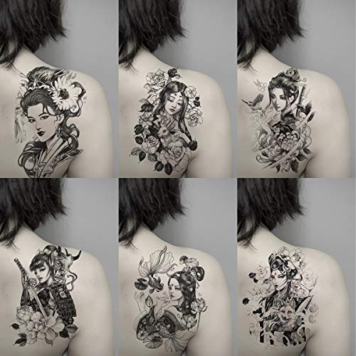 6 Sheets Black Japan Warrior Samurai Goldfish Geisha Bird Lotus Prajna Rabbit Temporary Tattoos