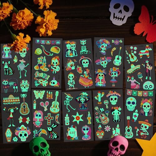 Day of the Dead Face Tattoos, Day of the Dead Decorations Party Favors Glow, Dia De Los Muertos Sugar Skull Temporary Tattoos for Kids, Day of the Dead Crafts Decor