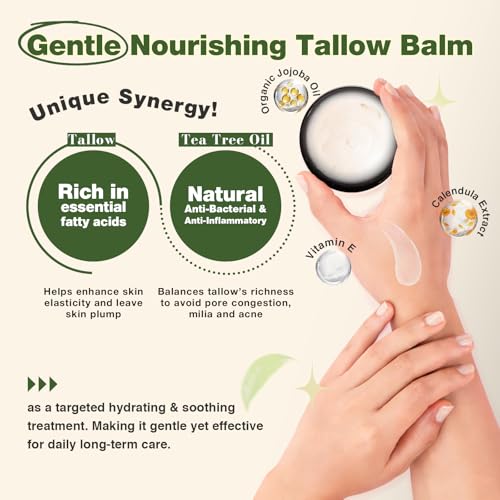 100% Grass Fed Beef Tallow & Tea Tree Oil Skin Care Balm ? Organic Jojoba Oil, Calendula Extract, Vitamin E | Balancing Anti-Acne Deep Moisturizer for Sensitive Skin Face & Body, 100g/3.5oz
