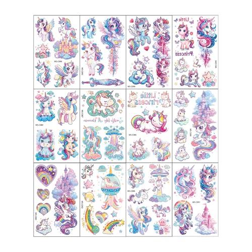 Glitter Unicorn Temporary Tattoos - 12 Sheets 120+ Styles Unicorn Mermaid Glitter Fake Tattoo Birthday Party Supplies Favors Q748