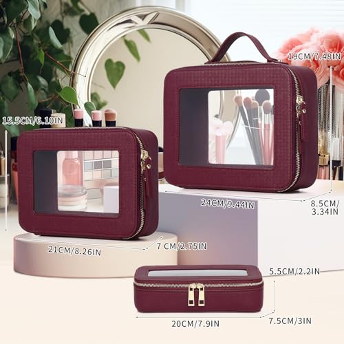 Pinkmik Clear Makeup Bag with Brush Bag 3pcs Waterproof Travel Case for Cosmetics and Toiletries Women's Makeup Organizer with Zipper (X/Burgundy, L+M+SLIM)