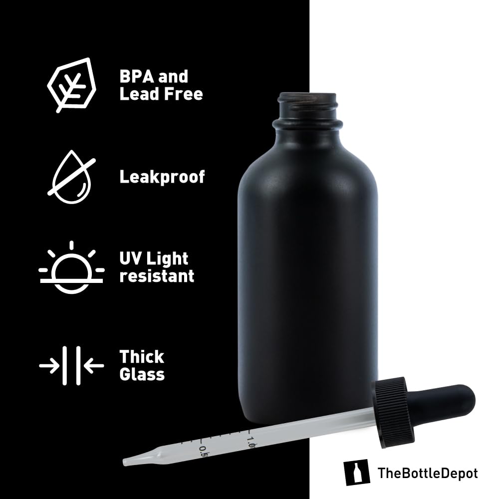 The Bottle Depot - 3 Pack - 4 oz Glass Bottle with Dropper - Black Frosted - 22-400 Neck Finish - Boston Round Bottles - Leakproof Essential Oils Bottles
