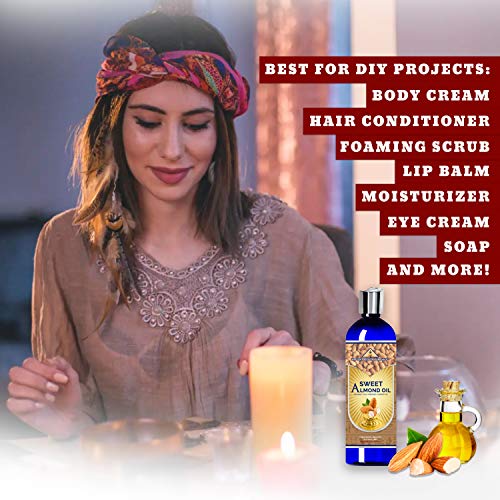 ANCIENT HEALTH REMEDIES All-Natural Cold Pressed SWEET ALMOND CARRIER OIL Greatly Priced Bulk Wholesale Oil For Beauty Skin Moisturizing DIY Body Butter,Hair & Skin Care Darkening (16 oz)