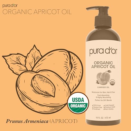 PURA D'OR 16 Oz ORGANIC Apricot Kernel Oil-100% Pure&Natural USDA Certified Cold Pressed Carrier Oil-Antioxidant&Vitamin E Rich Moisturizer for Natural Glow-&Softness-Face,Skin-&Hair,(Pack of 2)