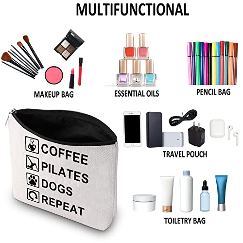 G2TUP Coffee Pilates Dogs Repeat Makeup Bag Coffee Pilates Dog Lover Cosmetic Bag Pet Owner Gift Coffee Dog Pilates Themed Zipper Travel Pouch (Coffee Pilates Dogs Repeat White Bag)