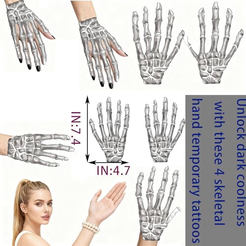 Skeleton Hands Temporary Tattoos - 4 Pairs of Creepy Left & Right Hand Fake Tattoos for Halloween, Scary Moving Joints Waterproof Skin Stickers for Costume Party