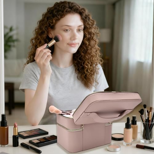 Hard Shell Double Layer Makeup Train Case with Mirror, Large Capacity Travel Cosmetic Organizer, Water-Resistant PU Leather Toiletry Bag for Women