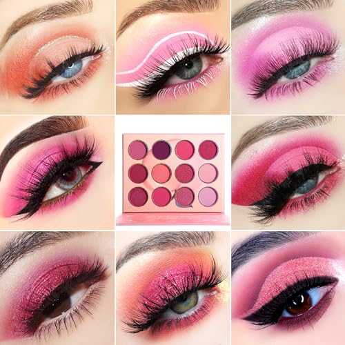 Pink Eyeshadow Palette,12 Colors Peach Matte & Shimmer Highly Pigmented Pink Mini Makeup Eyeshadow Pallet, Warm Natural Blendable Long Lasting Waterproof Small Pallets Eyeshadow for Women and Girls
