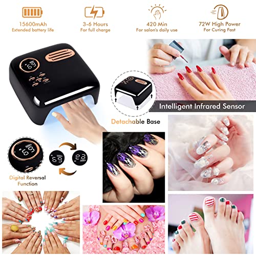 72W Cordless UV LED Nail Lamp for Gel Polish, Rechargeable Nail Polish Dryer Gel Machine for Manicure and Pedicure, Fast Nail Polish Curling Lamp with 4 Timer Setting Automatic Sensor