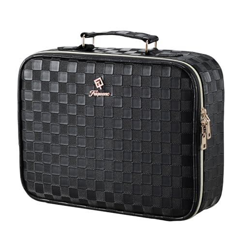 Makeup Bag with LED Lighted Mirror 12.2 IN Travel Makeup Bag Adjustable Brightness in 3 Colors Cosmetic Organizer Artist Storage Bag with Dividers Brush Holder Bag Vanity Black Checkerboard