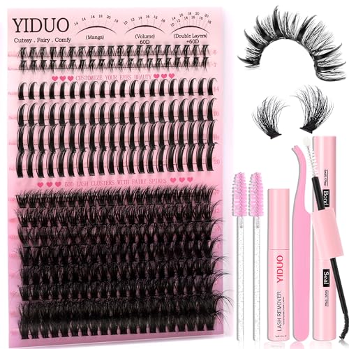 60D Volume Lash Clusters Kit with Long 14-16mm Lashes Spikes+Bottom Clusters Eyelash Extension Kit 280Pcs D-curly Wispy Individual Lash Extensions Kit DIY Spiky Lash Bond and Seal by YIDUO