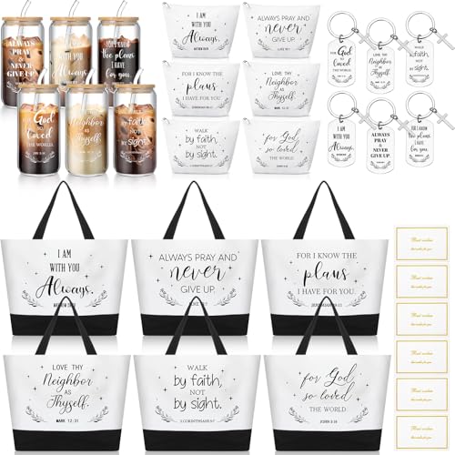 Abbylike 6 Sets/30 Pcs Christian Gifts for Women Religious Gifts Bulk 16oz Bible Glass Cup Canvas Bag Cosmetic Bag Keychain Greeting Card for Bible Study Group Church Pastor Party Coworker