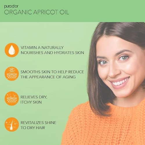 PURA D'OR 16 Oz ORGANIC Apricot Kernel Oil-100% Pure&Natural USDA Certified Cold Pressed Carrier Oil-Antioxidant&Vitamin E Rich Moisturizer for Natural Glow-&Softness-Face,Skin-&Hair,(Pack of 2)