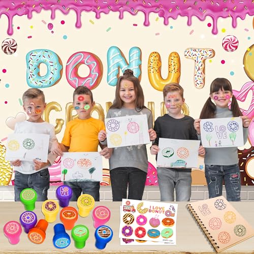 36PCS Donut Party Favors - 24PCS Temporary Tattoos & 12PCS Stamps - Ideal Sweet Doughnut Themed Birthday Card Decorations Supplies Goodie Bag Cute Rewards for Boys Girls Classroom Gifts Baby Shower