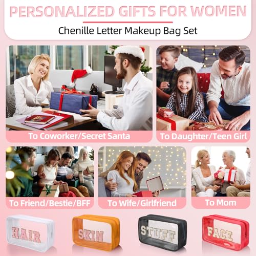 Antimbee Clear Makeup Bags with Chenille Letters, 4 Pack Preppy Cosmetic Pouch Zipper, Personalized Initial beauty case, Travel Toiletry vanity organizer for Women Girl (Hair, Face, Skin, Stuff)