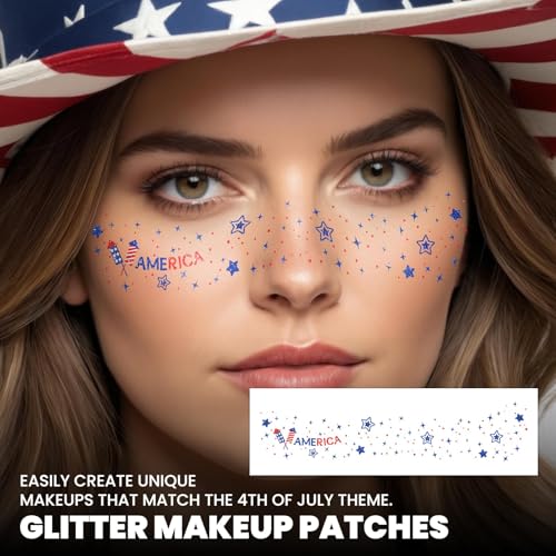 EMOME 4th of July Decorations, Independence Day Glitter Faux Freckles Face Tattoos with Red White Blue Face Gems, Patriotic Stickers Makeup Accessories for Fourth of July, Memorial Day, Labor Day