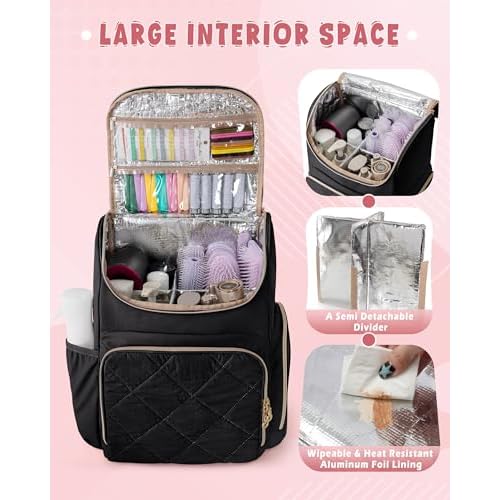 Insulated Hairstylist Travel Bag Backpack with Detachable Dividers and Multiple Pockets, Quilted Hair Tool Travel Bag with Multiple Pockets for Hairstylist and Barber, Black