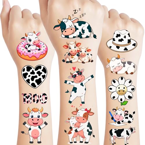 Cow Temporary Tattoos | Cute Cow Birthday Party Decorations Stickers Party Favors Supplies Accessories D?cor Gift Idea For Kids Boy Girl Teen Adult 60Pcs 4 Sheets Pre-cut