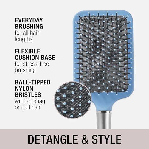 Conair Velvet Touch Paddle Cushion hair brush - Detangling hairbrush - curly or straight styles - men or women - detangler - features soft touch handle - Sky Blue