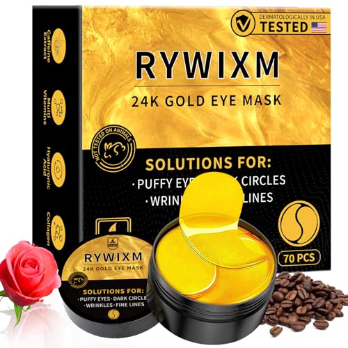 24K Gold Eye Masks for Dark Circles and Puffiness 70PCS, Under Eye Patches for Puffy Eyes Treatment, Under Eye Mask w/Caffeine, Hyaluronic Acid, Peptides for Eye Bags Treatment, Eye Mask Skincare