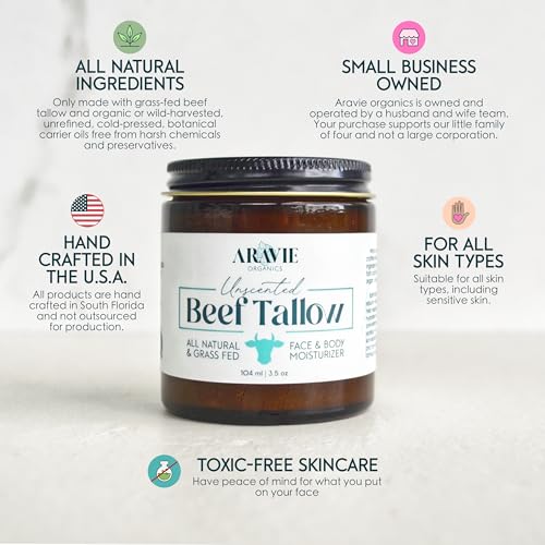 Beef Tallow Balm Face and Body Moisturizer for Sensitive Skin | Made with Grass-Fed Beef Tallow, Organic Pomegranate, Jojoba, and Castor Oil | Unscented 4 oz