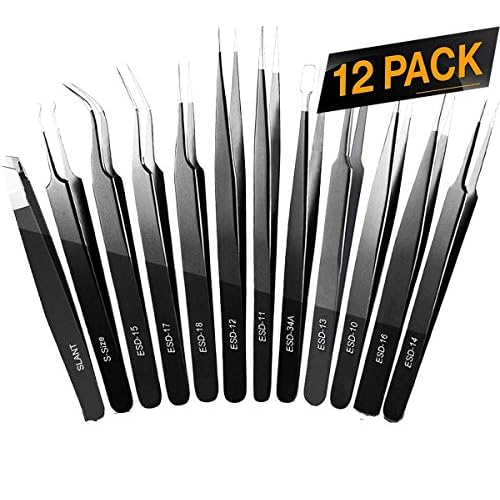 Tweezers, Precision Tweezer Set, Craft Tweezers, Soldering Tweezers, Jewelry Tweezers, Ingrown Tweezers, Eyelash Extension Tweezers, Eyebrow Tweezers - 12 Pack Super Valued Set with Handy Case
