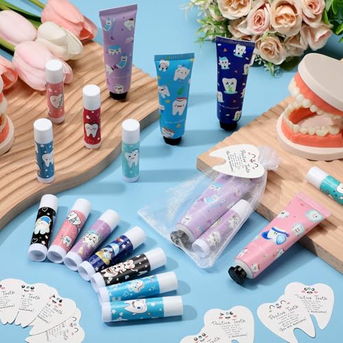 Loopeer 24 Sets Dental Hygiene Gifts Oral Health Day Dental Assistant Gifts Hygienist Appreciation Gift Moisturizing Lip Balm Hand Cream Dentist Thank You Gift with Cards Organza Bags for Nurse Week