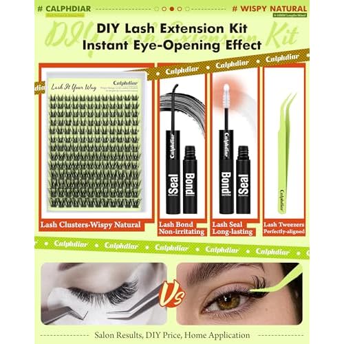 Calphdiar DIY Lash Extension Kit Thick Lash Clusters Kit Wispy Eyelash Clusters 8-18mm D Curve Eyelash Extension Kit Manga Spiky Lash Extension Individual Lashes with Lash Bond and Seal Tweezers