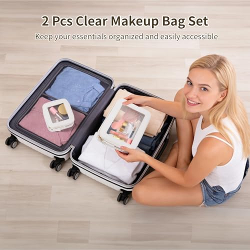 2 Pcs Clear Makeup Bag Set, PU Leather Cosmetic Pouch with Transparent Window & Double-Zipper Design, Women Waterproof Travel Organizer for Car Storage and Office Daily Use (White)