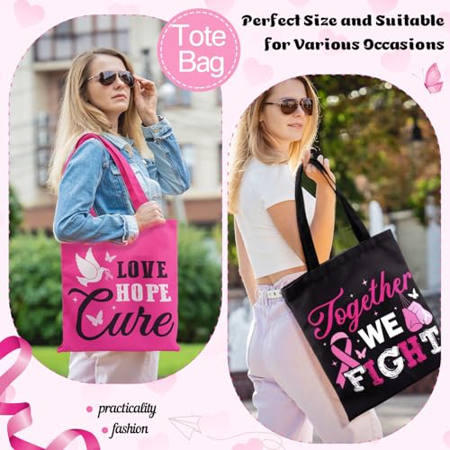 Blosssound 12 Pcs Breast Cancer Awareness Gift Bulk Tote Bags and Cosmetic Pouches Set Pink Ribbon Canvas Reusable Bags for Survivor Gifts Fundraiser Giveaways Charity Walks Awareness Events