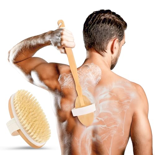 Back Scrubber for Shower - 20" Long Handle Shower Brush - Natural Bristle Back Brush ? Ergonomic Handle + Silicone Anti-Slip Grip - Great Gift Idea - Men, Women + Seniors Love This (Firm Bristles)
