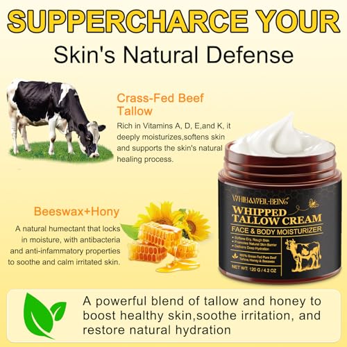 WHLH & WELL-BEING Beef Tallow for Skin, Beef Tallow and Honey Balm, Moisturizer for Face & Body Skin Care(1Pack) 119g