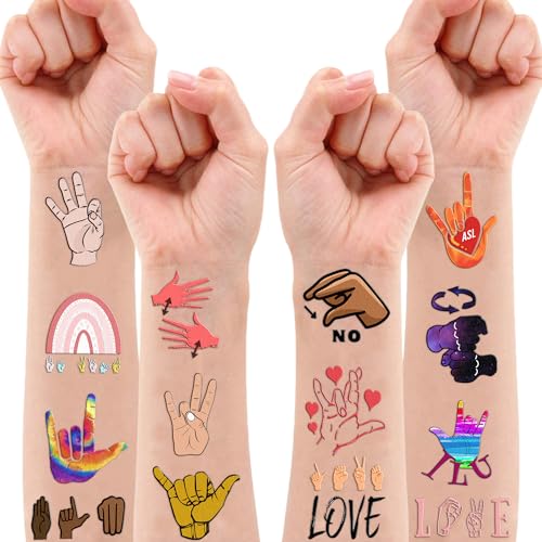 107 PCS ASL Temporary Tattoos Themed Birthday Party Decorations Favors Supplies D?cor Funny American Sign Language Colorful Tattoo Stickers Gifts for Game Boys Girls Classroom School Prizes Reward