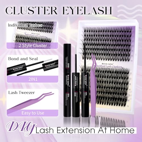 Lash Clusters Kit Natural for DIY: 280-Pcs 30D+40D Ultra-light Waterproof Eyelashes, D Curl Cat Eye 12-16mm Mixed Fake Lashes by Wendy Lashes