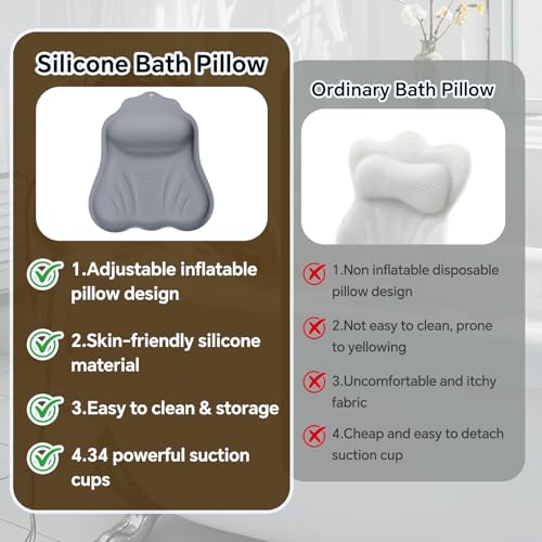 Luxury Silicone Bath Pillow for Tub, New Cloud-Soft 4D Air-Cushion Bathtub Pillow for Head and Neck & Back Support, Strong Suction Cups, Waterproof Quick-Dry Bathtub Headrest (Gray)