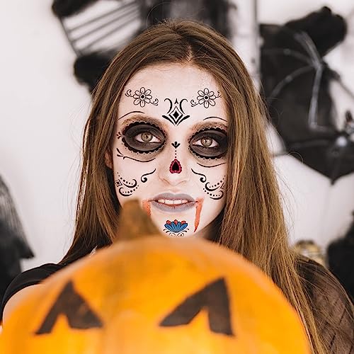 Day of the Dead Face Tattoos - 10 Sheets Halloween Temporary Tattoos Face Stickers Kit D?a de Los Muertos Glitter Red Roses Skeleton Sugar Skull Fake Tattoo for Halloween Makeup on Face Body