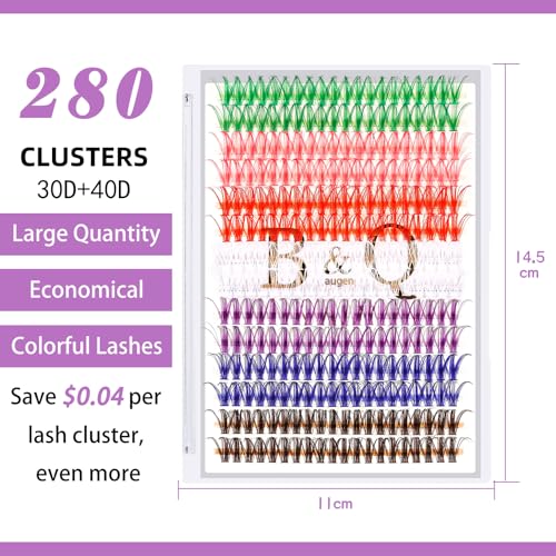 Lash Clusters Colored DIY Eyelash Extensions 280 Clusters Lashes 40D-D-13mm LASH 7 Color Mix Volume Eyelash Clusters Wispy Individual Lashes Cluster DIY at Home(7MIX,40D-D-13mm)