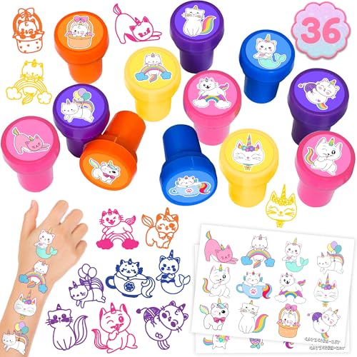 36PCS Caticorn Party Favors - 24PCS Temporary Tattoos & 12PCS Stamps - Ideal Cat Unicorn Themed Birthday Card Decorations Supplies Goodie Bag Cute Rewards for Boys Girls Classroom Gifts Baby Shower