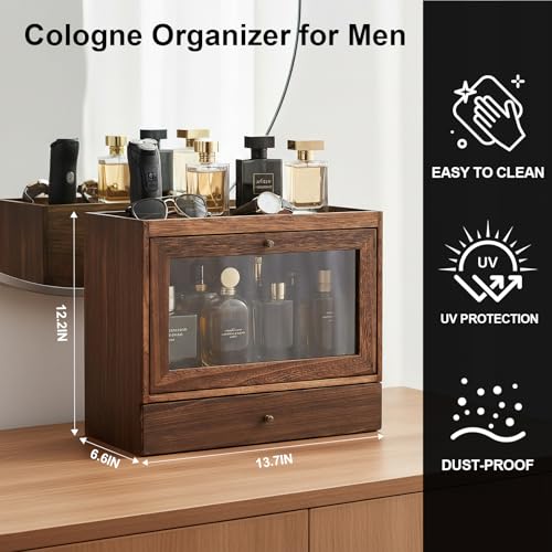 Cologne Organizer for Men,Nightstand Organizer,Cologne Shelf, Solid Wood Cologne Stand with Drawer Storage and Clear Window,Dresser Drawer Organizers,Perfume Stand Organizer,Brown