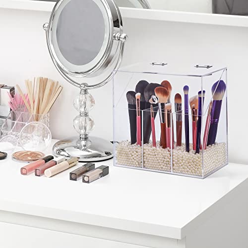 Acrylic Makeup Brush Holder with Lid - Clear Cosmetic Make up Brush Organizer and Storage Box with Dustproof Cover for Vanity - Large Capacity 3-Slots Container for Brushes (White)