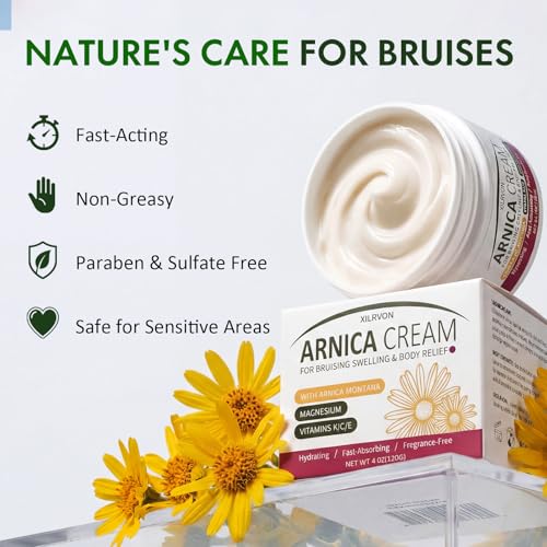 Arnica Cream for Bruising and Swelling & Body Muscle Relief, Soothing Hydrating Formula with Magnesium and Vitamins K, C & E, Suitable for Thin and Sensitive Skin for All Ages, 4 Oz