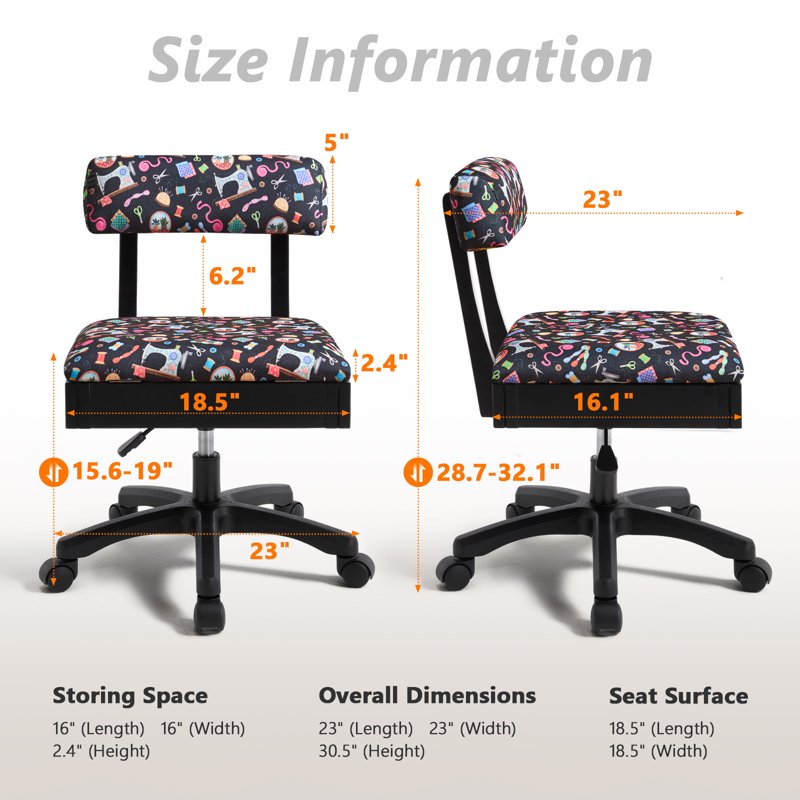 Adjustable Height Sewing Chair with Wheels & Under Seat Storage - Craft Room Furniture