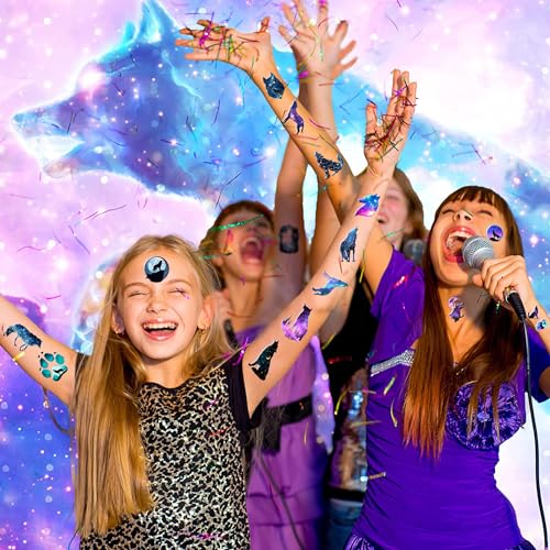Galaxy Wolf Temporary Tattoo Sticker - 20 Sheet Wolf Themed Tattoos for Men, Women & Kids - Party Decoration Supplies & Favors